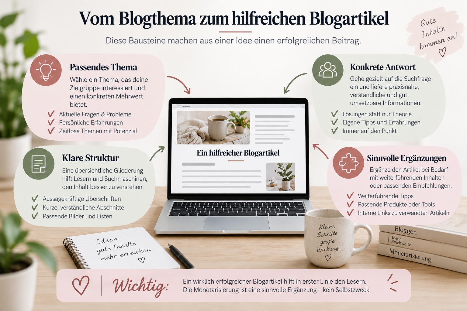 Vom Blogthema zum hilfreichen Blogartikel: passendes Thema, klare Struktur, konkrete Antwort und sinnvolle Ergänzungen