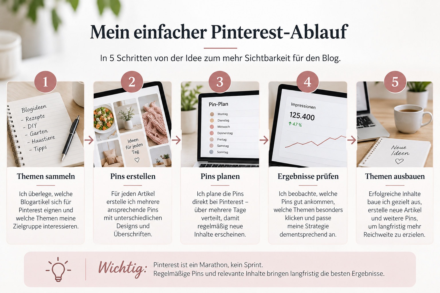 Mein einfacher Pinterest-Ablauf in fünf Schritten: Themen sammeln, Pins erstellen, planen, Ergebnisse prüfen und Themen ausbauen