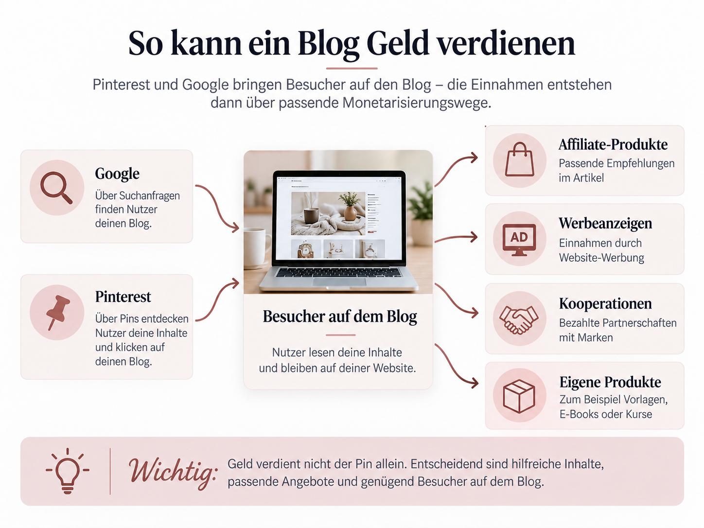 So kann ein Blog Geld verdienen: Besucher über Google und Pinterest sowie Einnahmen über Affiliate-Produkte, Werbeanzeigen, Kooperationen und eigene Produkte
