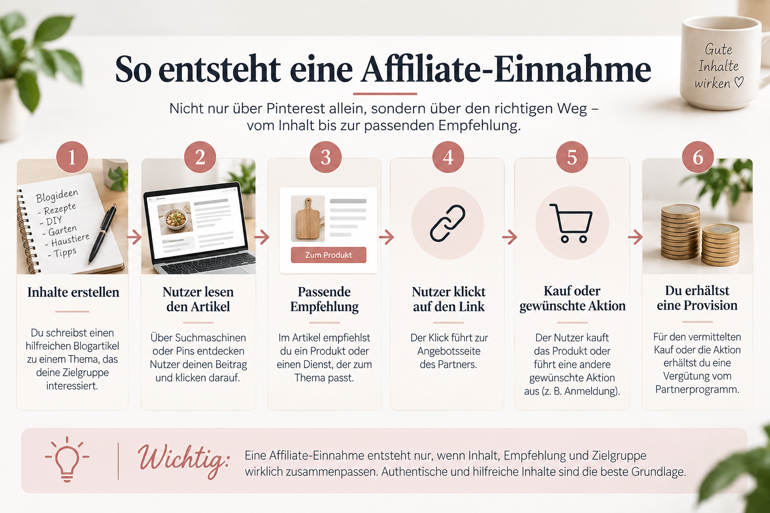So entsteht eine Affiliate-Einnahme: hilfreicher Inhalt, Leser, passende Empfehlung, Partnerlink, Kauf oder Aktion und mögliche Provision