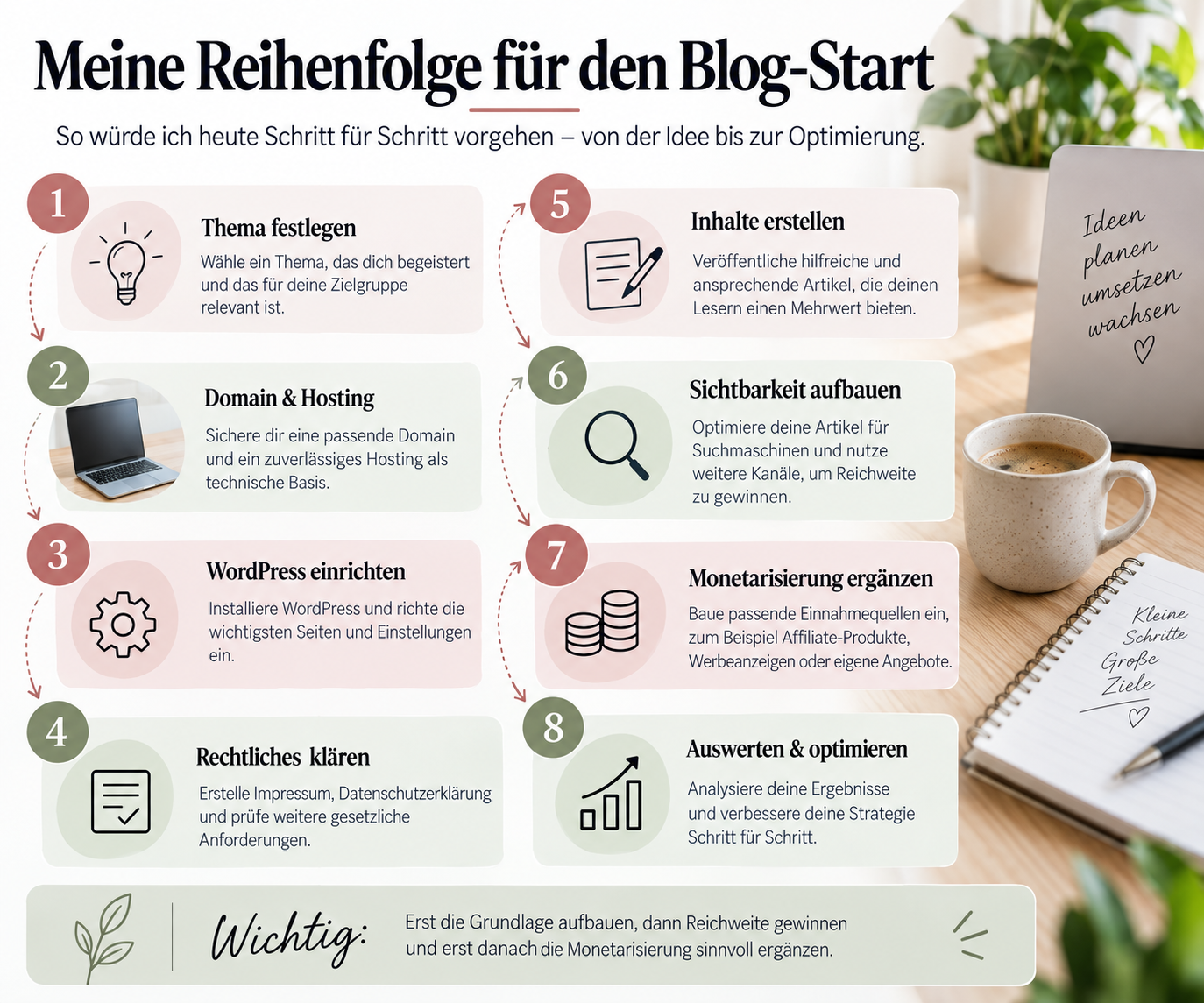 Meine Reihenfolge für den Blog-Start: Thema, Domain und Hosting, WordPress, Rechtliches, Inhalte, Sichtbarkeit, Monetarisierung und Optimierung