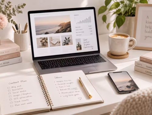 Blog starten und monetarisieren – Arbeitsplatz mit Laptop und Content-Planung
