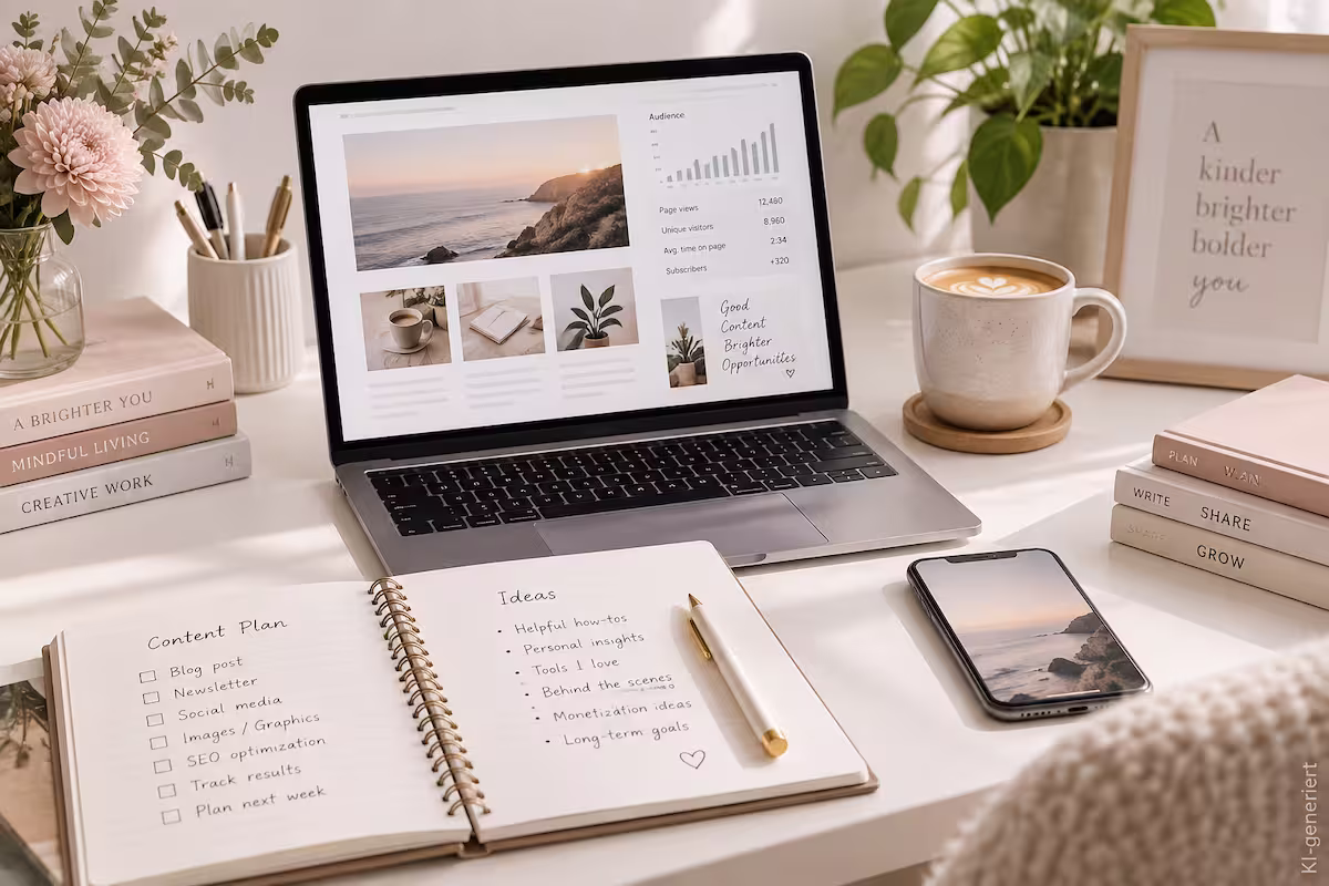 Blog starten und monetarisieren – Arbeitsplatz mit Laptop und Content-Planung